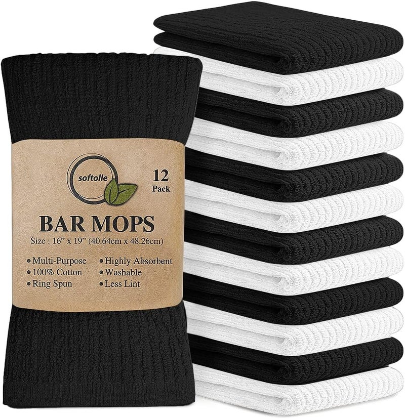 Softolle Bar Mop Towels, Pack of 12-16x19 Inches - 100% Cotton Super Absorbent Towels, Multi-Purpose for Home and Bar Cleaning (White-Black) - Image 1